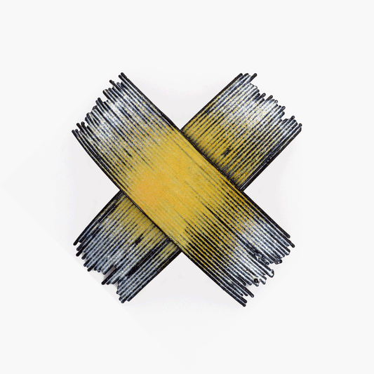 Front view of a brooch made of fine wires of enameled steel in yellow and white. The wires are arranged in a looping, organic shape that evokes the fluidity of brushstrokes in a painting. The brooch is the work of artist Kye-Yeon Son