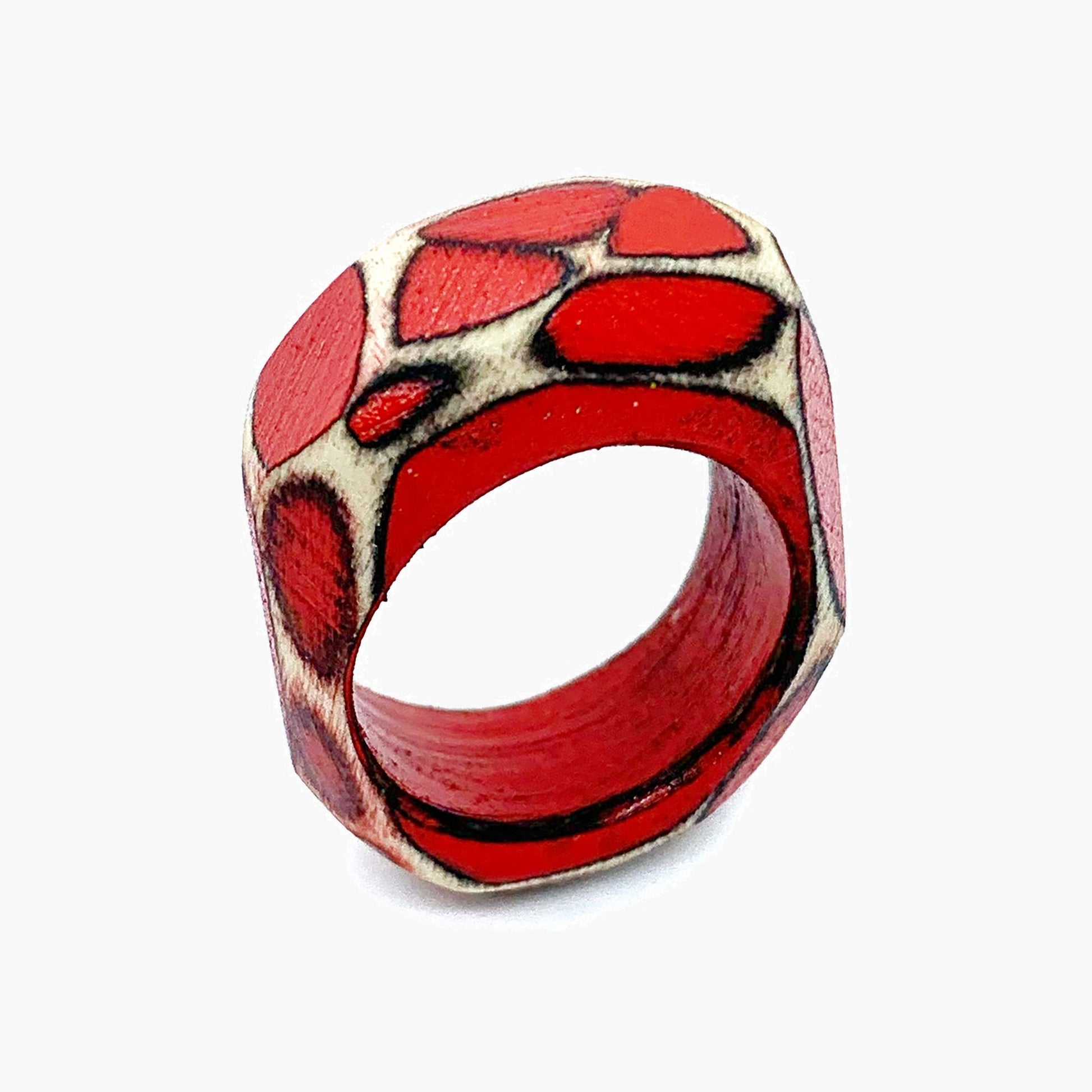 Red wooden multifaceted ring by Morgan Hill