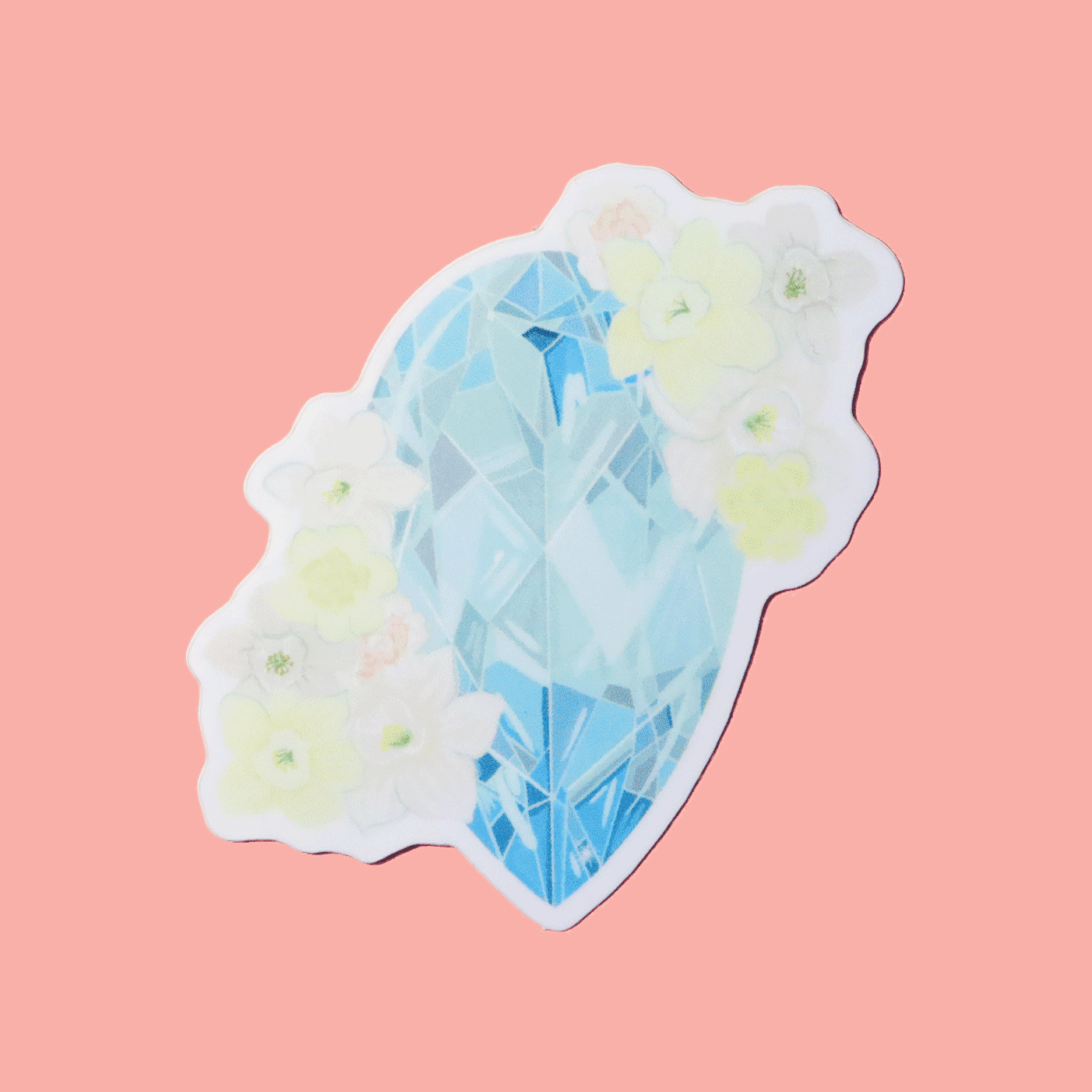 Sticker showcasing an illustrated March birthstone of aquamarine and birth flowers of daffodil and jonquil.