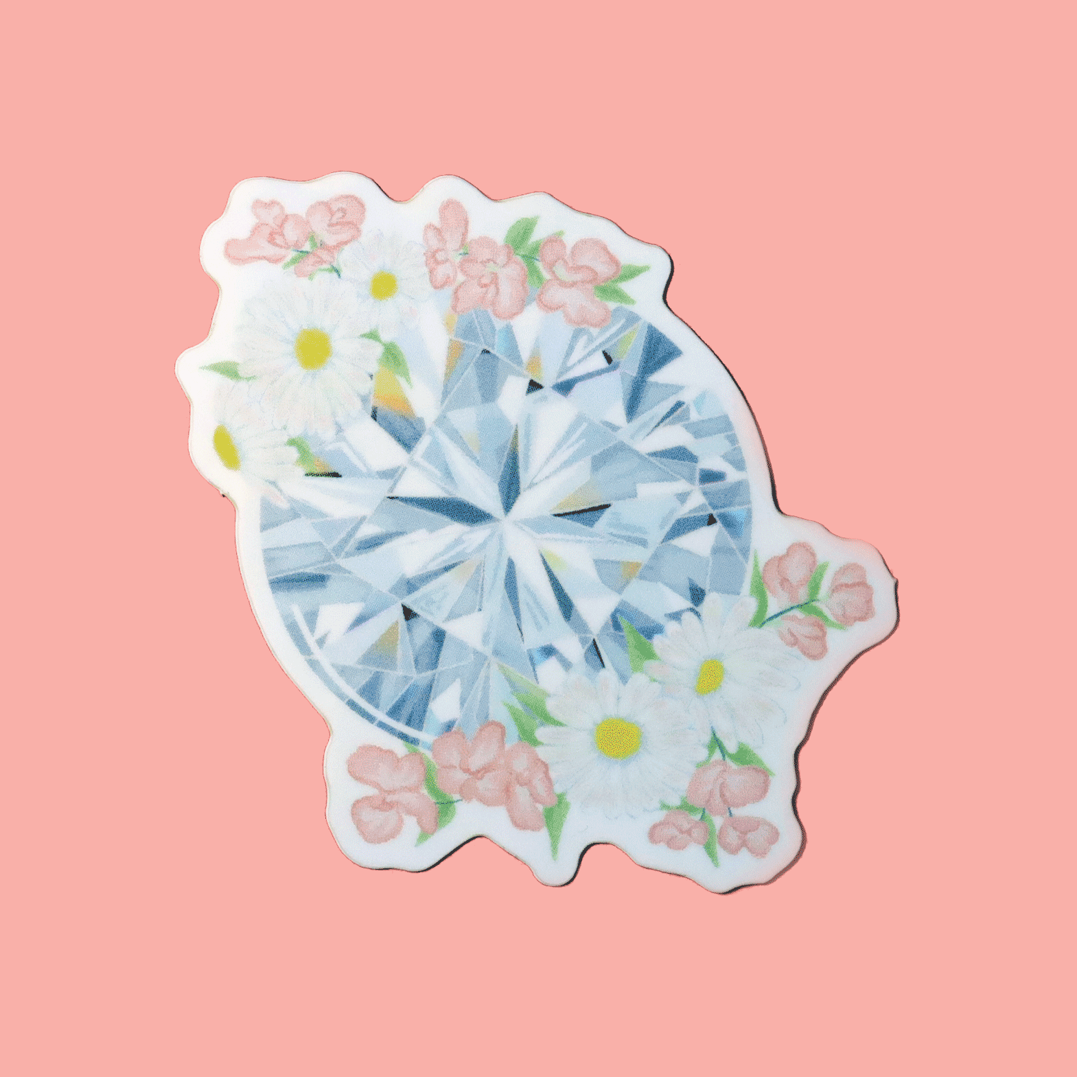 2" sticker featuring a diamond surrounded by daisies and sweet pea.