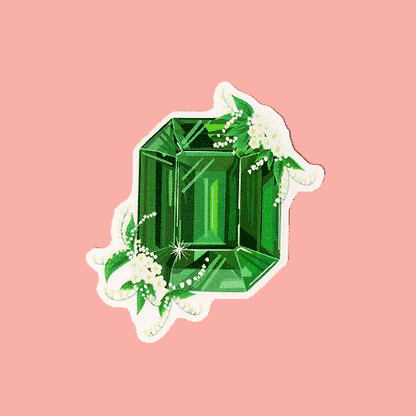 Sticker showcasing an illustrated May birthstone of emerald and birth flowers of lily of the valley.