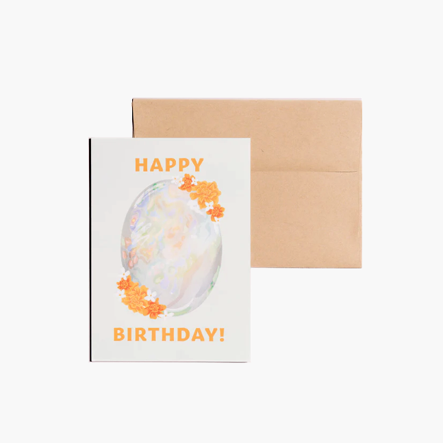 Happy Birthday card showcasing an illustrated October birthstone of opal and birth flowers of marigold and cosmos