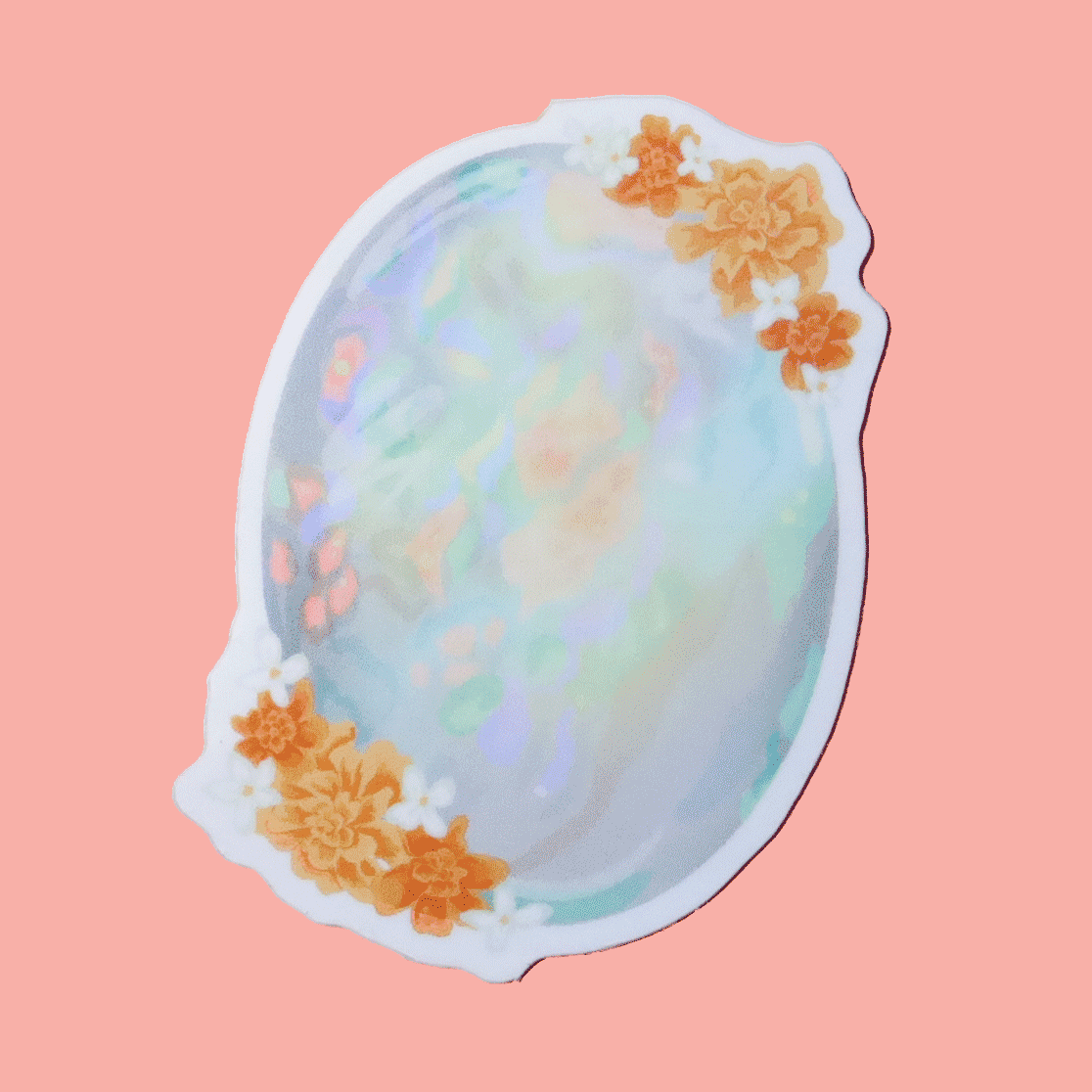 Sticker showcasing an illustrated October birthstone of opal and birth flowers of marigold and cosmos.