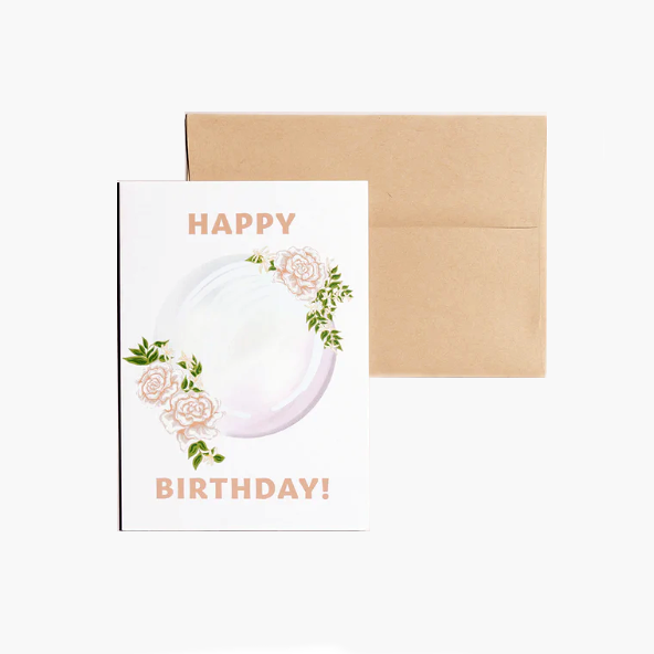 Happy Birthday card showcasing an illustrated June birthstone of pearl and birth flowers of rose and honeysuckle.