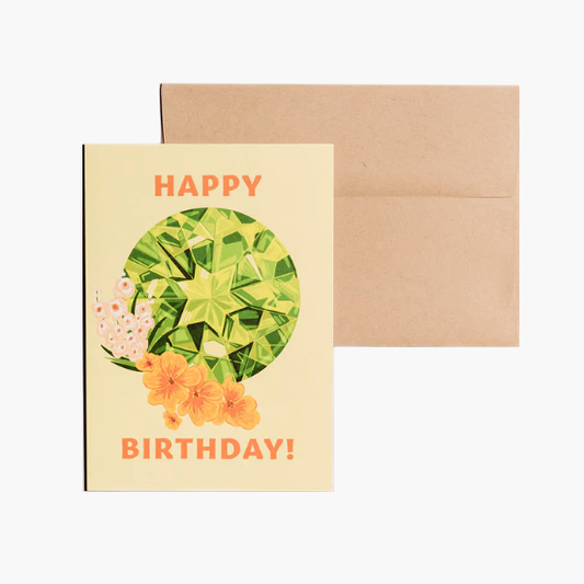 Happy Birthday card showcasing an illustrated August birthstone of peridot and birth flowers of gladiolus and poppy.