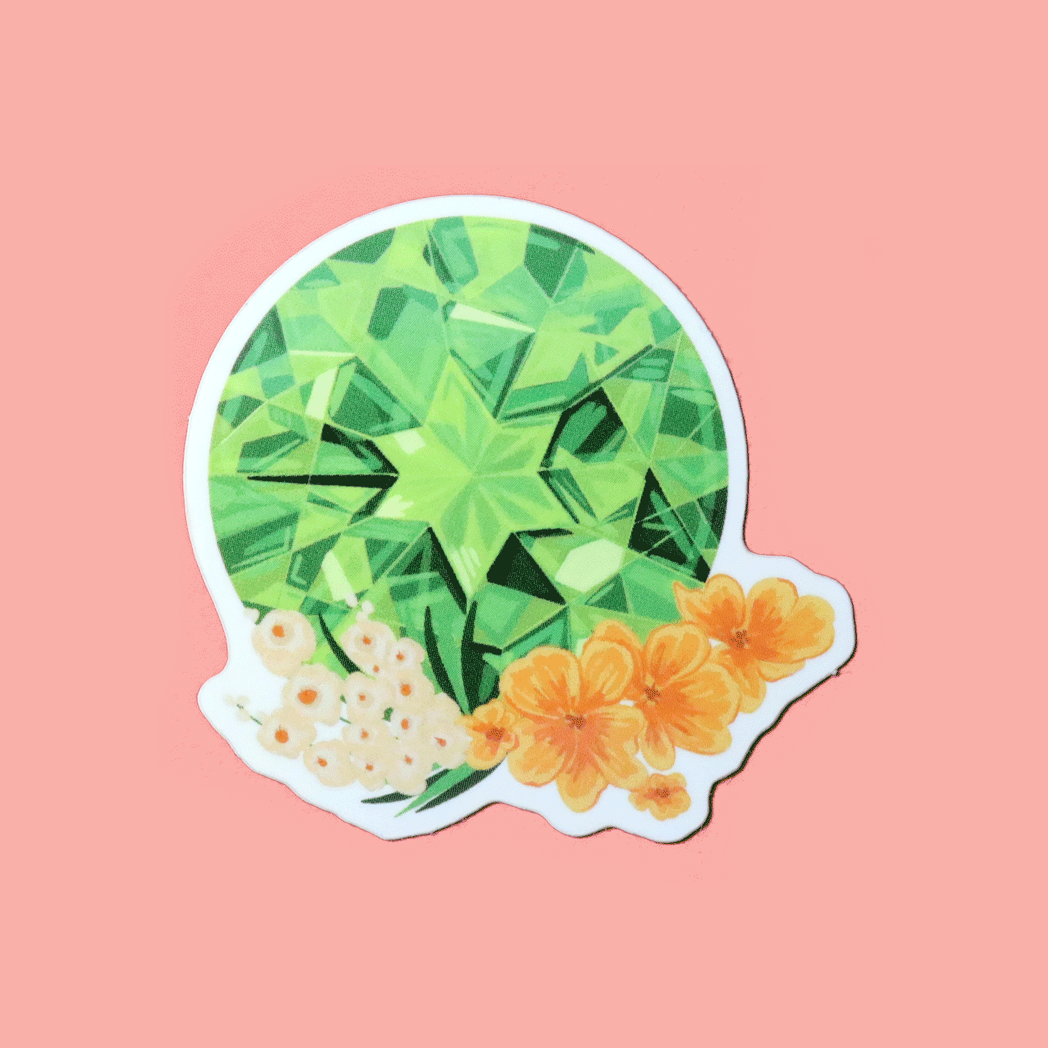 Sticker showcasing an illustrated August birthstone of peridot and birth flowers of gladiolus and poppy.