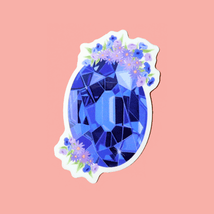 Sticker showcasing an illustrated September birthstone (sapphire) and birth flowers (aster and morning glory).