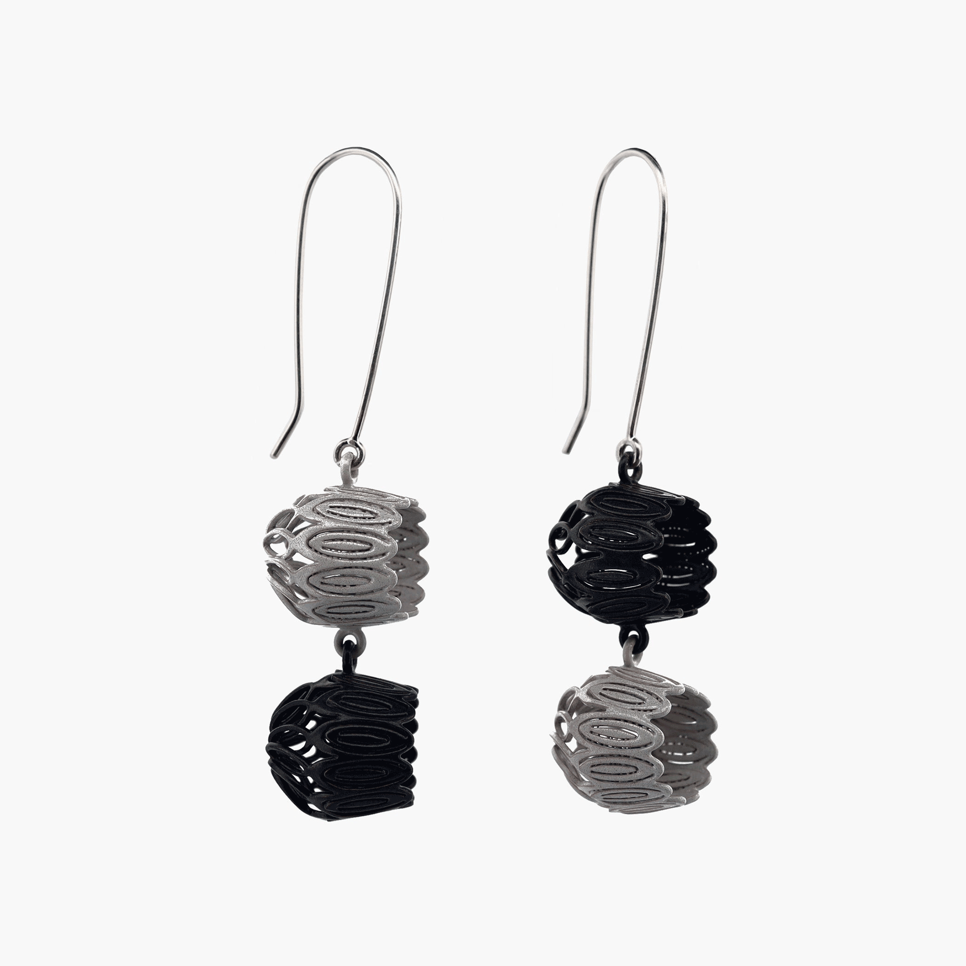 Double Tulip Drop earrings with black and grey tulips, crafted by Sorrel Van Allen in Nova Scotia.