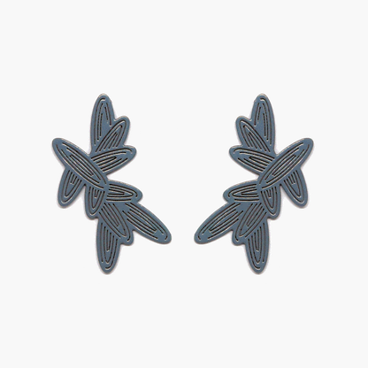 Flat stud earrings by Sorrel Van Allen featuring a finely pierced pattern of overlapping petals. Feather-light design for comfortable, all-day wear. Made from powder-coated brass with sterling silver ear posts and earring backs.
