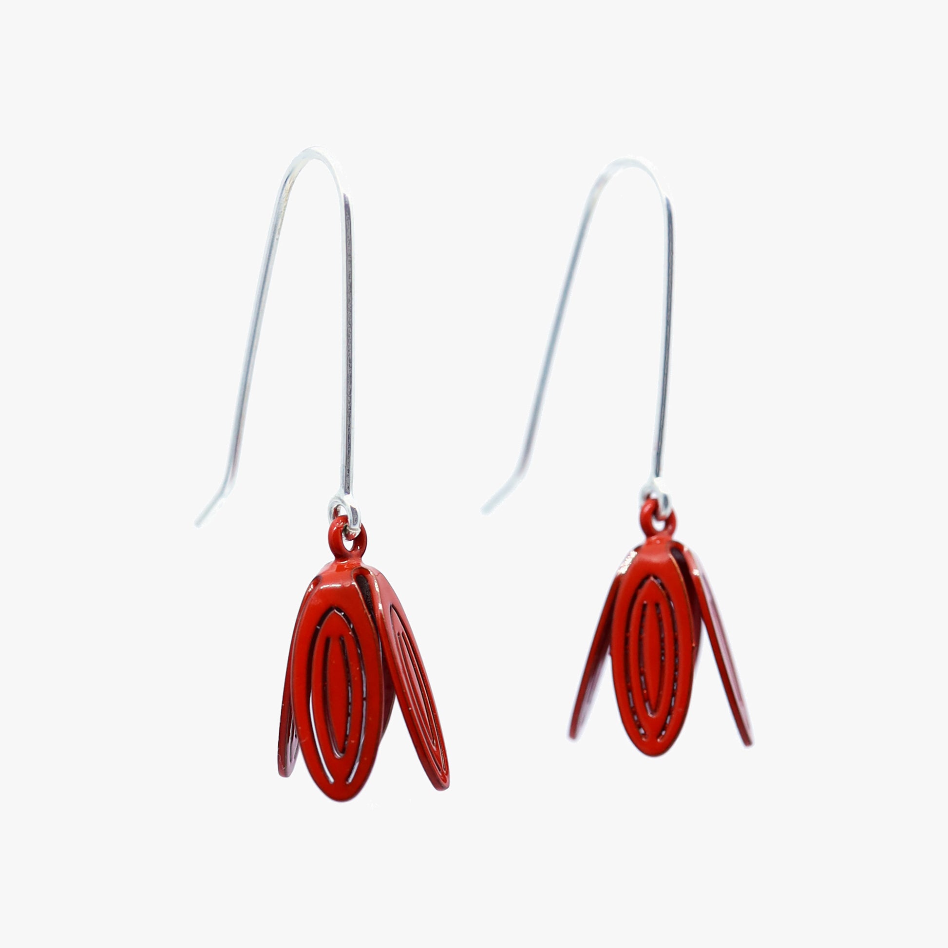 Stunning Petal Drop Earrings by Sorrel Van Allen. Recycled sterling silver and powder-coated brass construction. Intricate laser-cut petals hand-folded for elegant movement. Versatile accessory for casual or formal wear. 