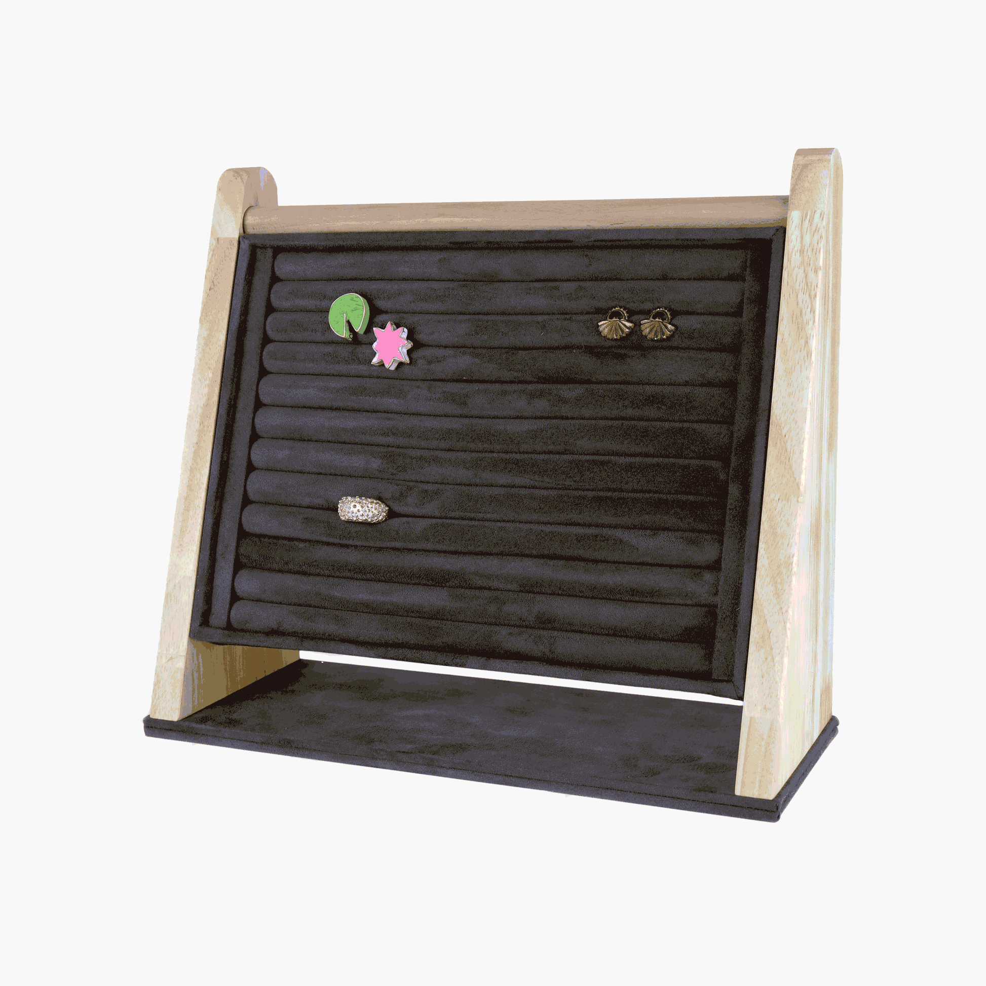 Charcoal velour earring and ring display with wood frame