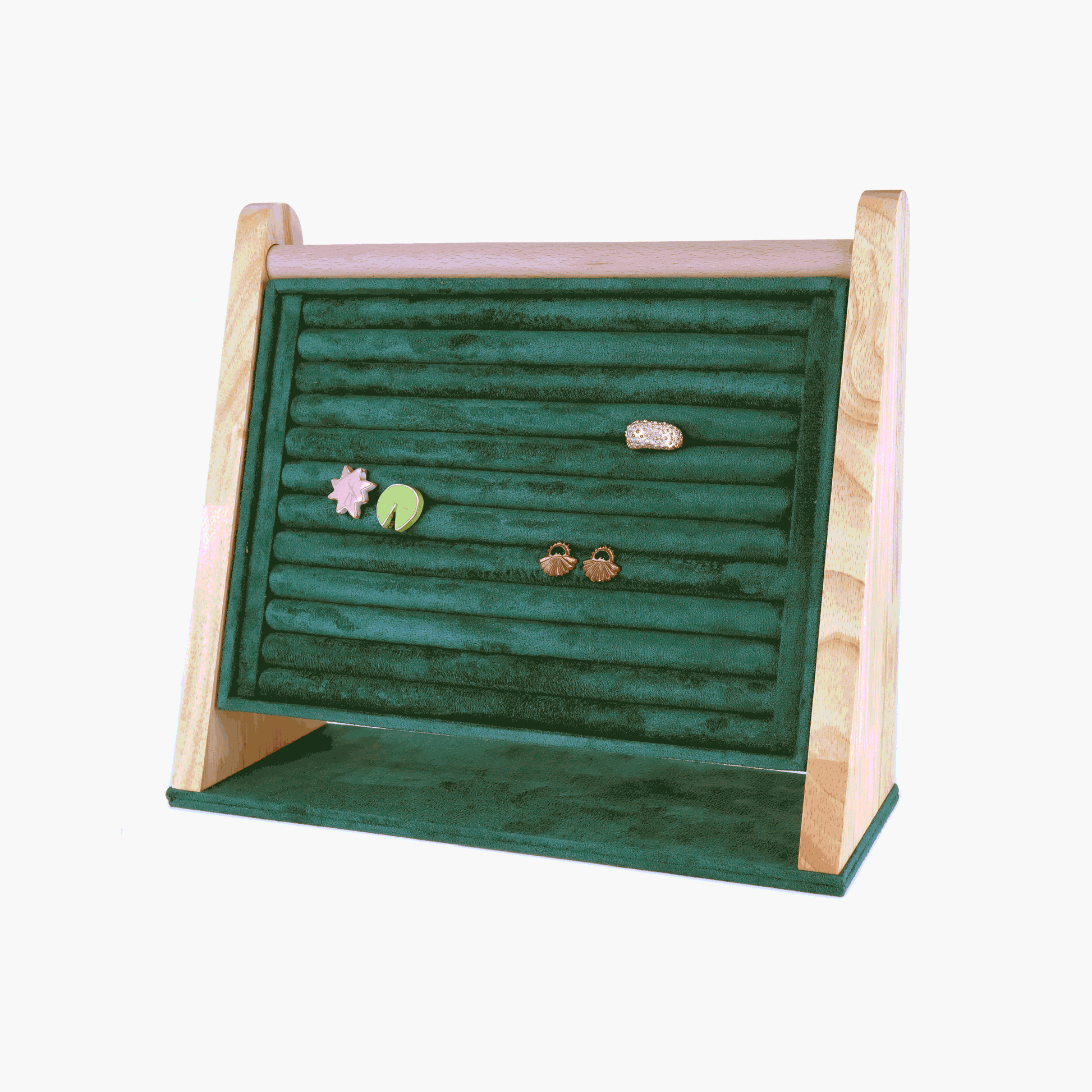 Dark green velour earring and ring display with wood frame
