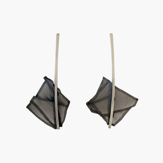 Sterling silver stud-style hanging earrings featuring intricately folded steel mesh for a contemporary and lightweight design - Trajectory Earrings.