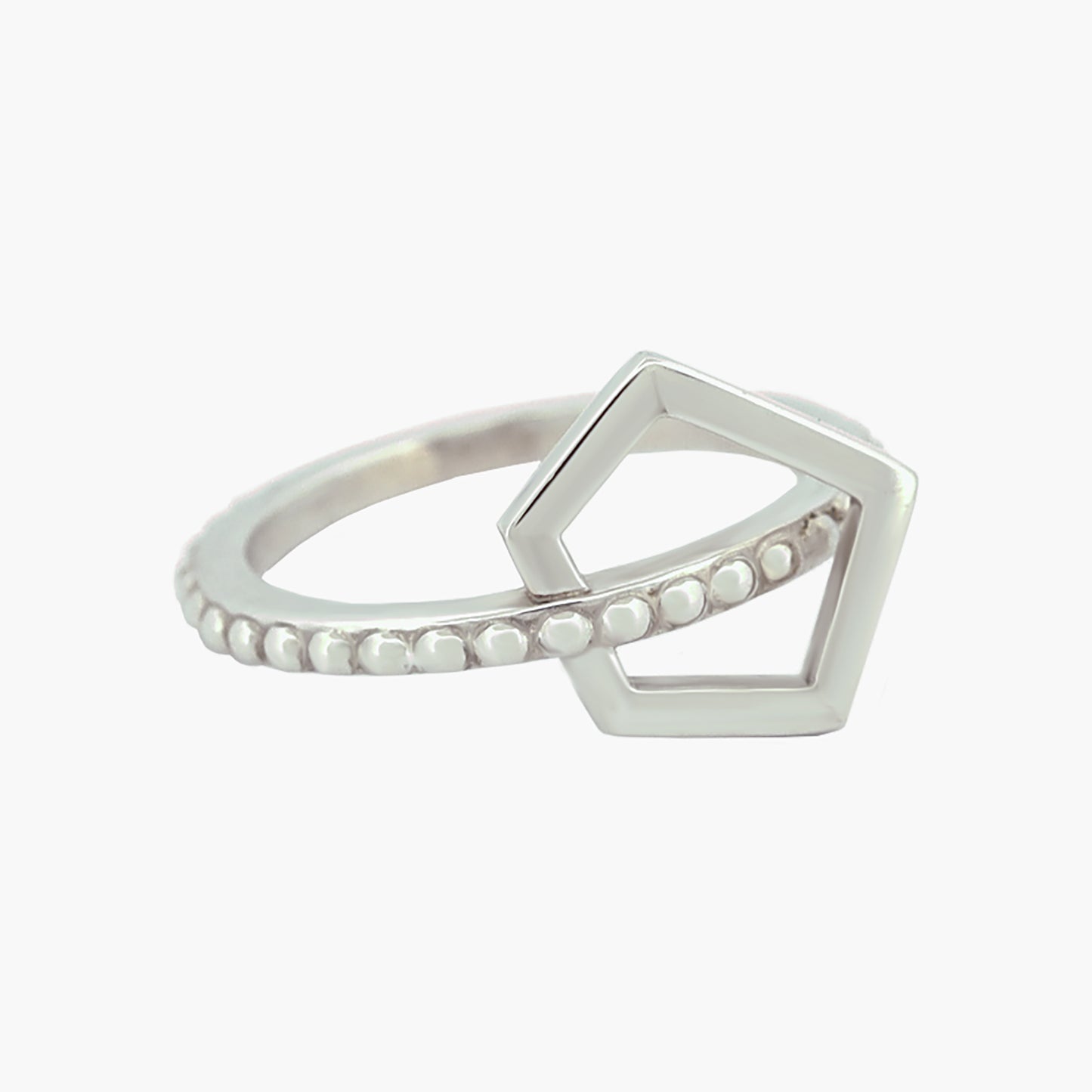 Close-up of a sterling silver beaded band ring intersecting with a small pentagon, showcasing intricate craftsmanship and modern elegance.