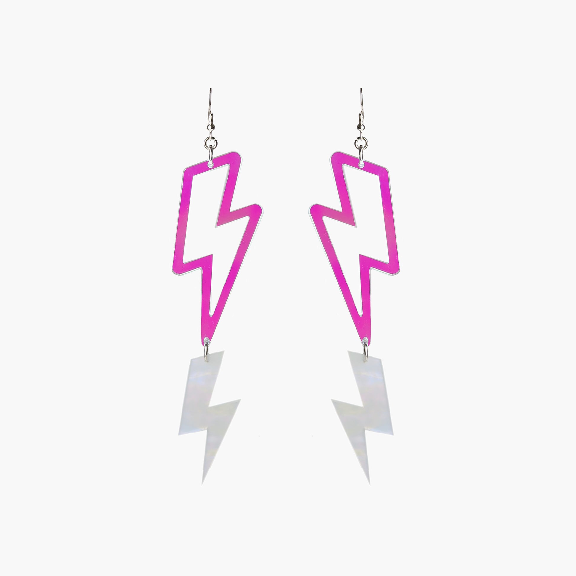 Front view image of Indi City Double Stacked Lightning Earrings in cloudy iridescent and transparent iridescent acrylic. 