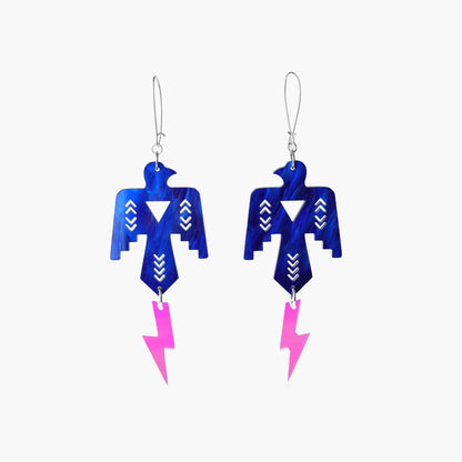 Front view Image of Indi City Thunderbird-themed earrings in opaque blue with iridescent lightning bolt accents, representing the revival of indigenous Thunderbeing symbolism within contemporary design.