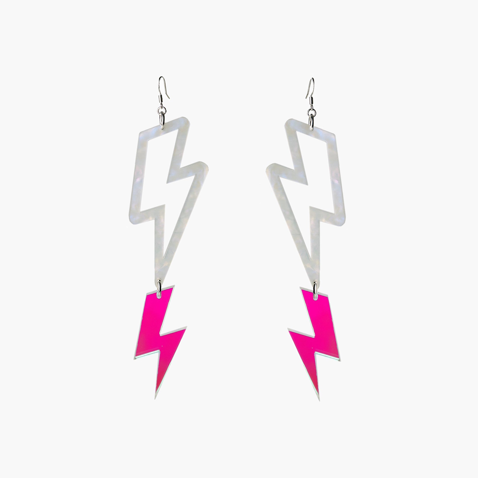 Front view image of Indi City Double Lightning Earrings in cloudy white and transparent iridescent acrylic. 